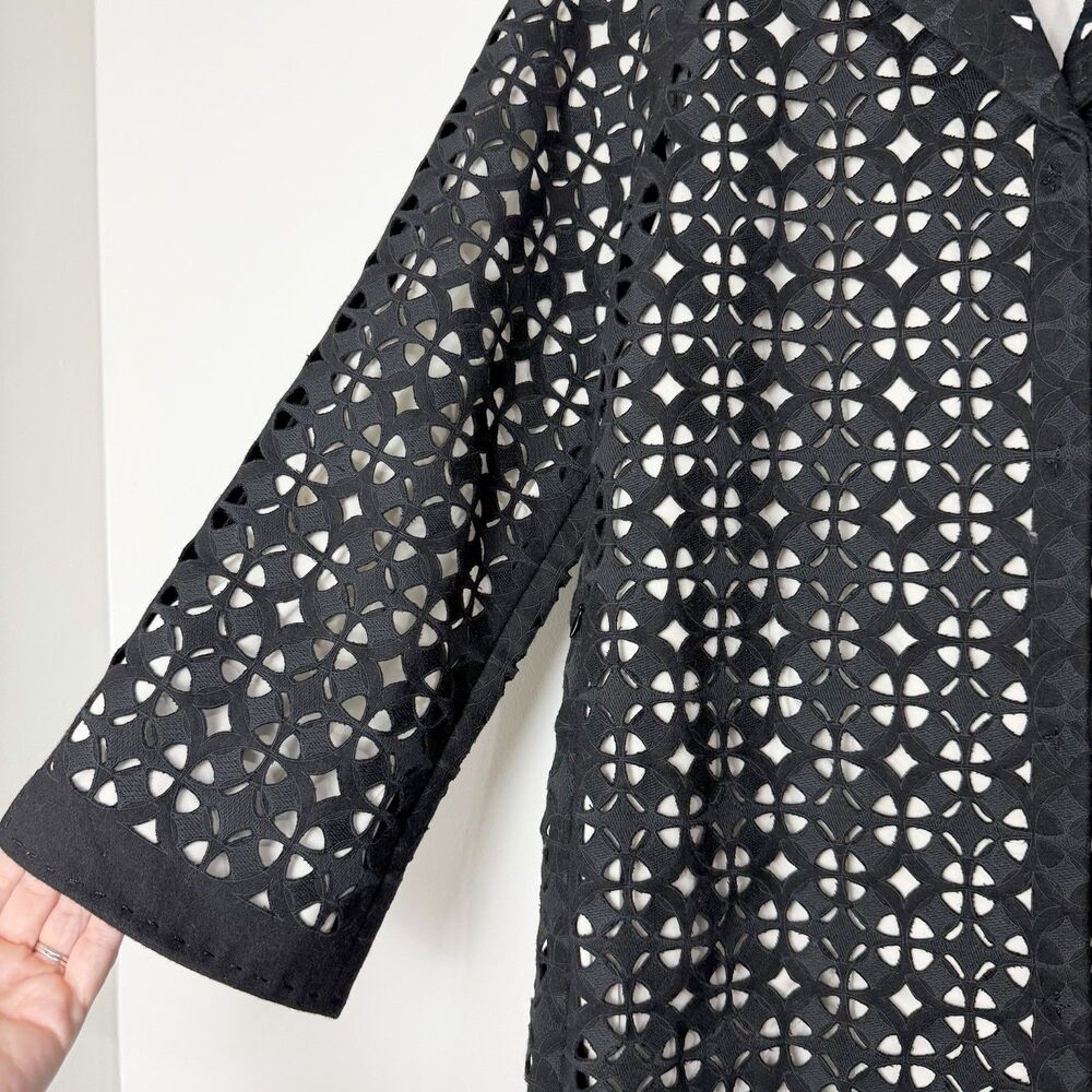 Elie Tahari Laser Cut Wool Coat Black Ivory Women’s S Long Length Retail $698 - Picture 3 of 16